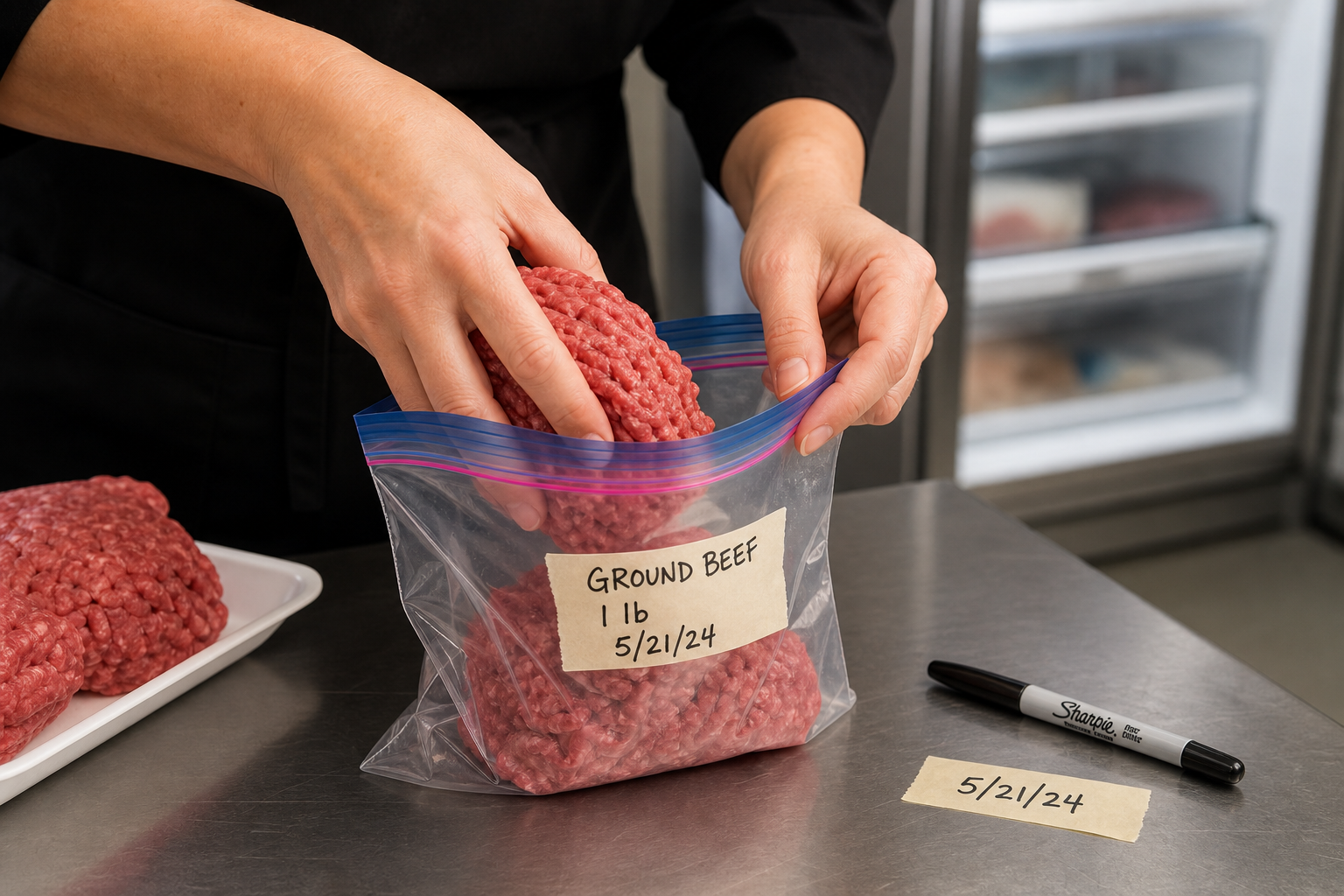Person placing raw ground beef into a labeled freezer bag on a clean kitchen counter