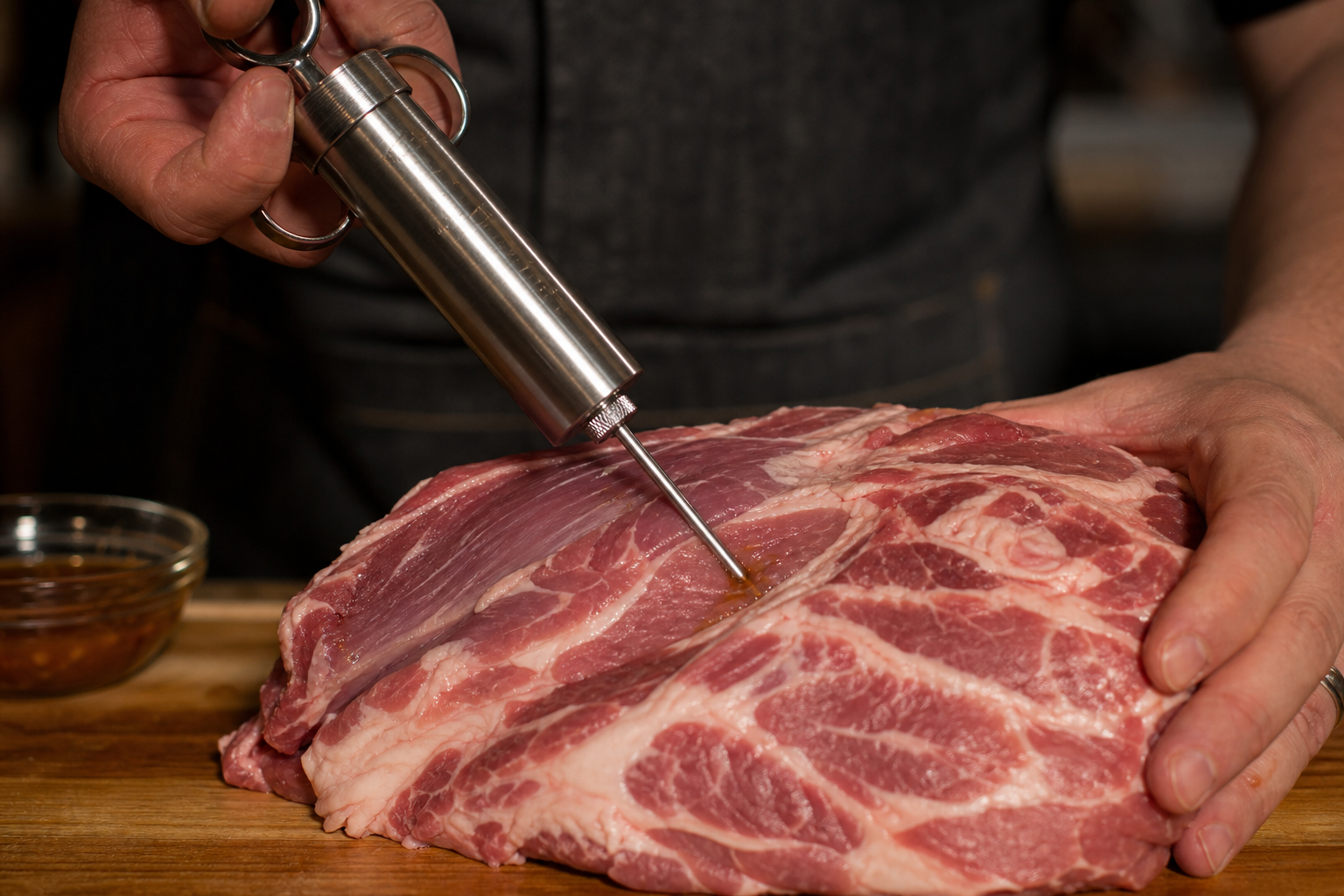 The Best Cheap Cuts to Inject for Big Flavor 10 Hands injecting marinade into a raw pork shoulder using a stainless steel meat injector syringe