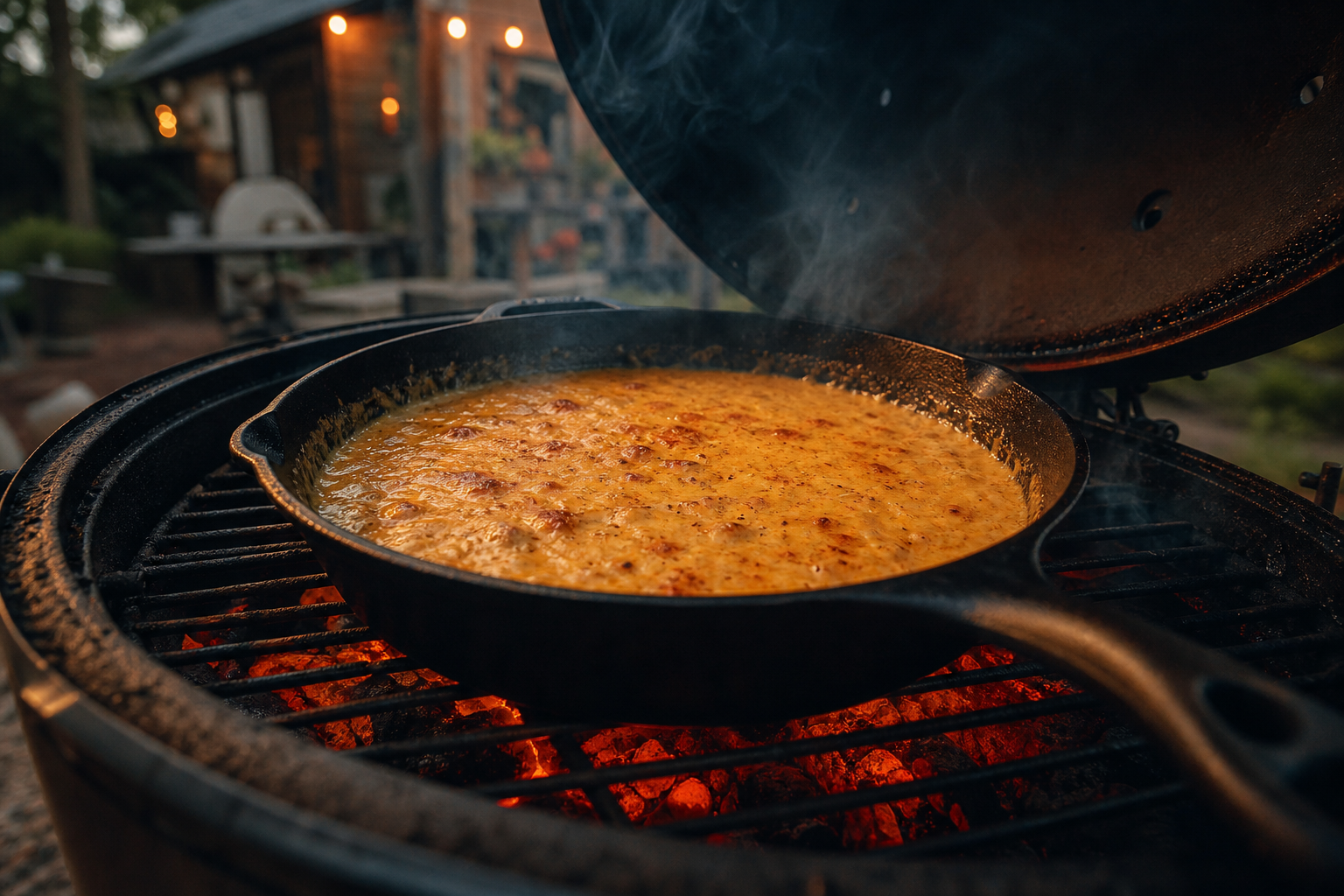 Smoked Beer Cheese Dip for Game Day on a Budget 9 Cast iron skillet of bubbling beer cheese dip on a smoker with rising smoke