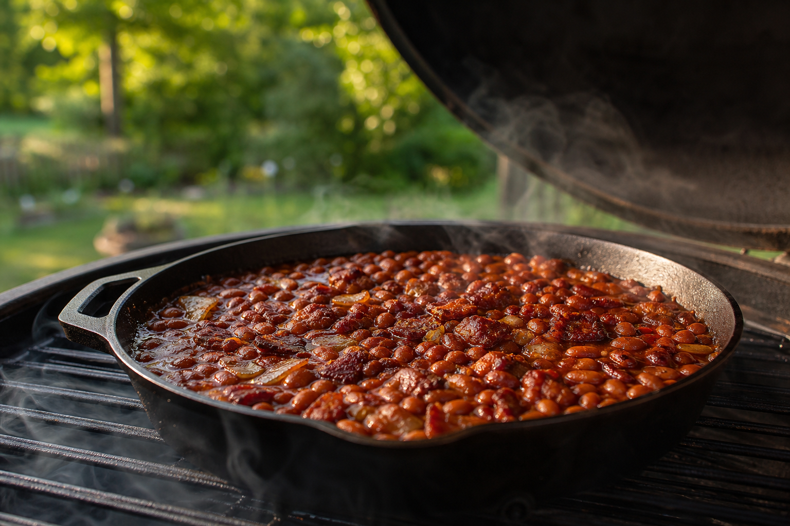 Cast iron skillet of smoked baked beans on a smoker grill with wisps of smoke