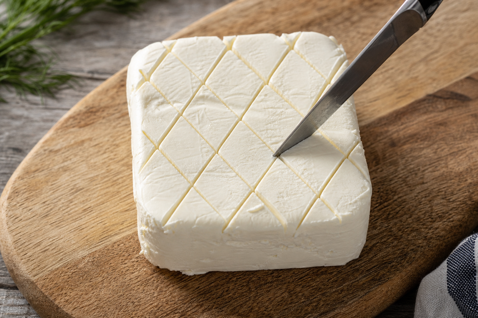 A block of cream cheese being scored with a crosshatch pattern using a sharp knife on a wooden cutting board