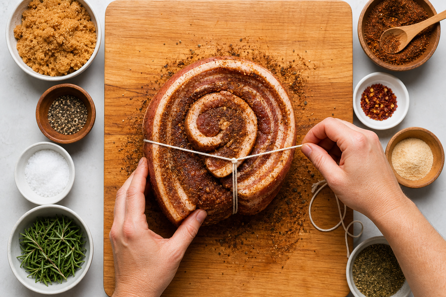 Hands rolling a spice-rubbed pork belly into a pinwheel shape on a cutting board