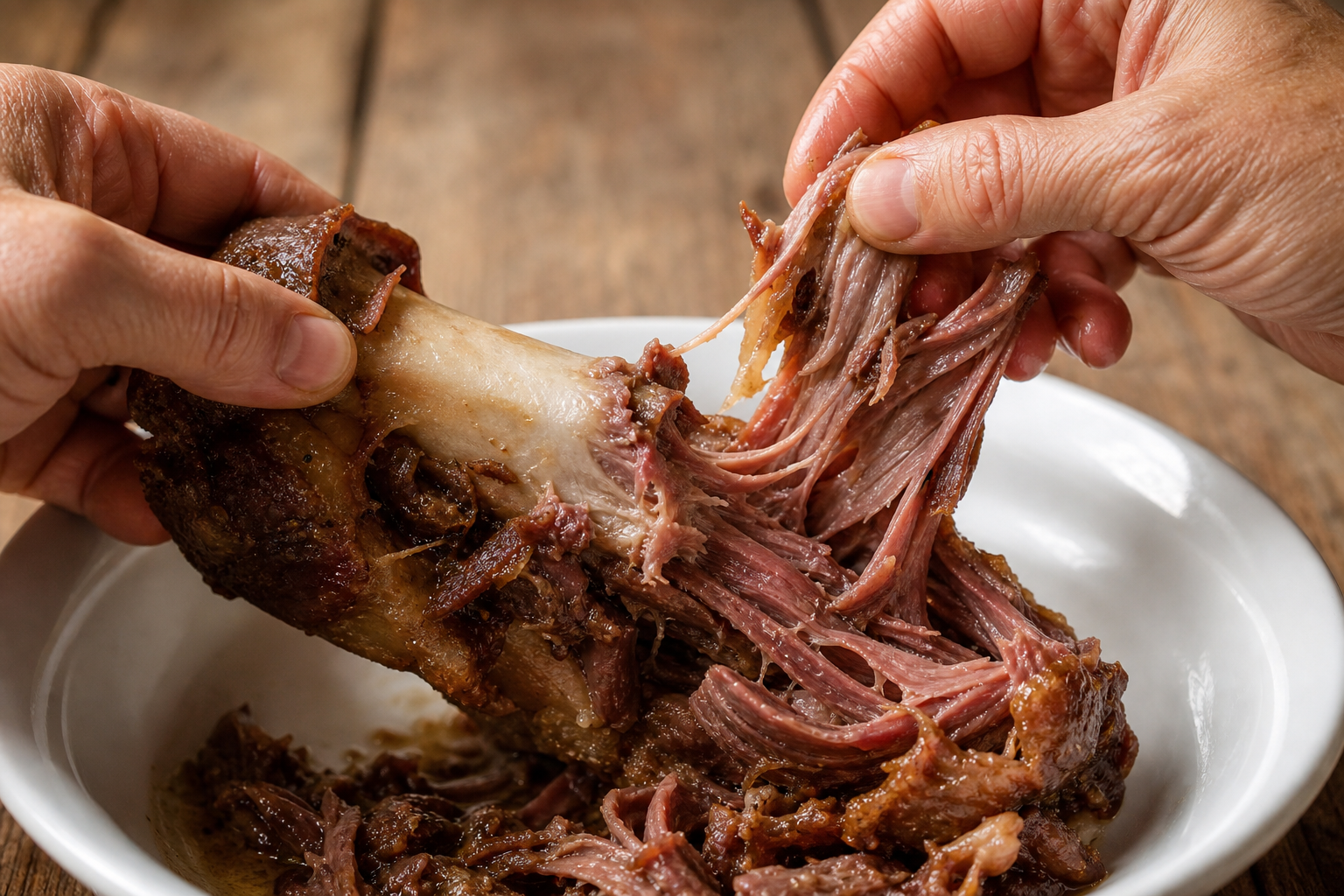 Smoked Ham Hocks for Cheap, Smoky Flavor in Beans and Greens 11 Hands pulling tender shredded meat from a cooked ham hock bone into a white bowl