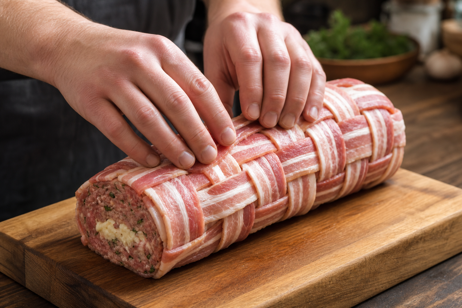 Hands wrapping a bacon weave around a stuffed sausage roll on a cutting board