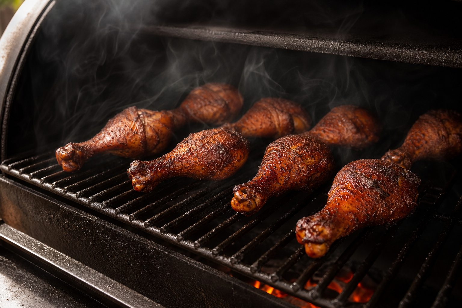 Smoked Chicken Drumsticks: A Cheap, Kid-Friendly Smoker Snack 10 Smoked chicken drumsticks on smoker grates surrounded by wisps of smoke