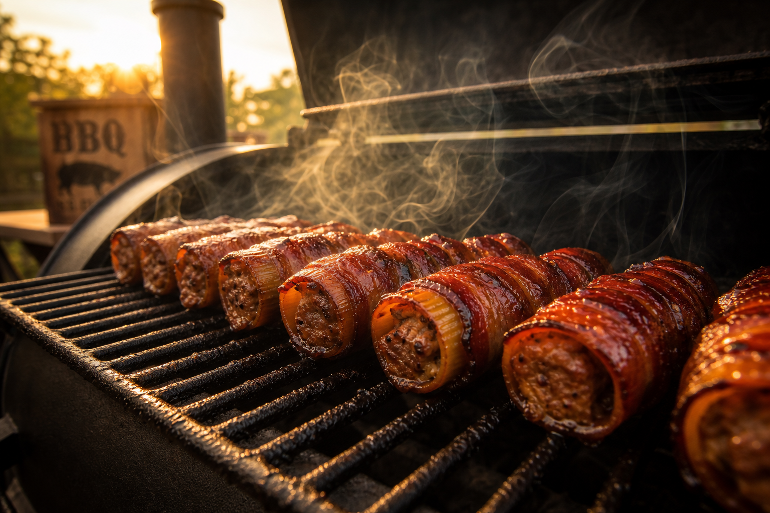 Smoked Shotgun Shells: A Cheap Crowd-Pleasing BBQ Snack 10 Bacon-wrapped smoked shotgun shells cooking on a smoker grill with wisps of smoke rising around them