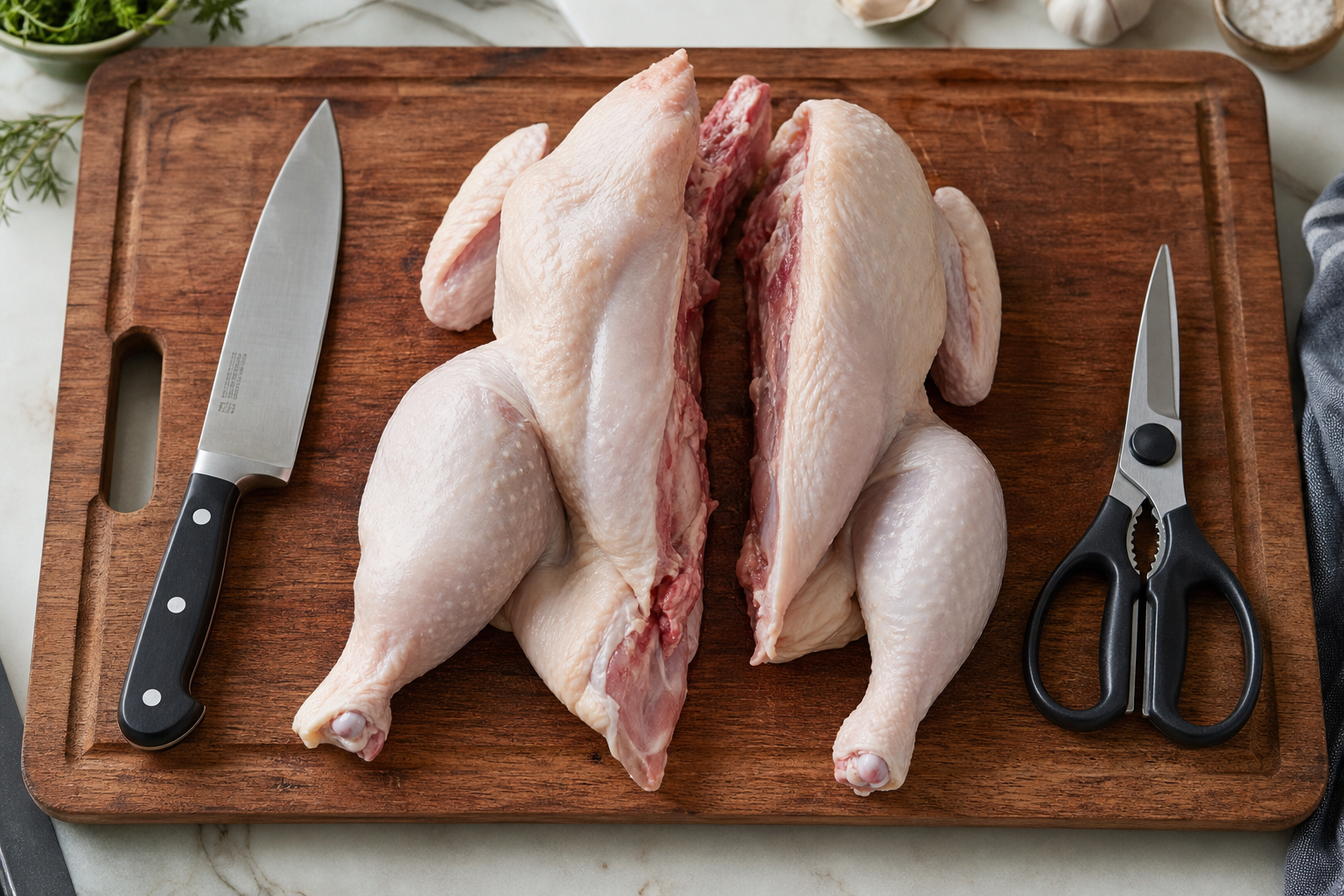 Smoked Chicken Halves: A Budget Way to Feed a Crowd 8 Whole raw chicken being split in half on a wooden cutting board with kitchen shears and a chef's knife