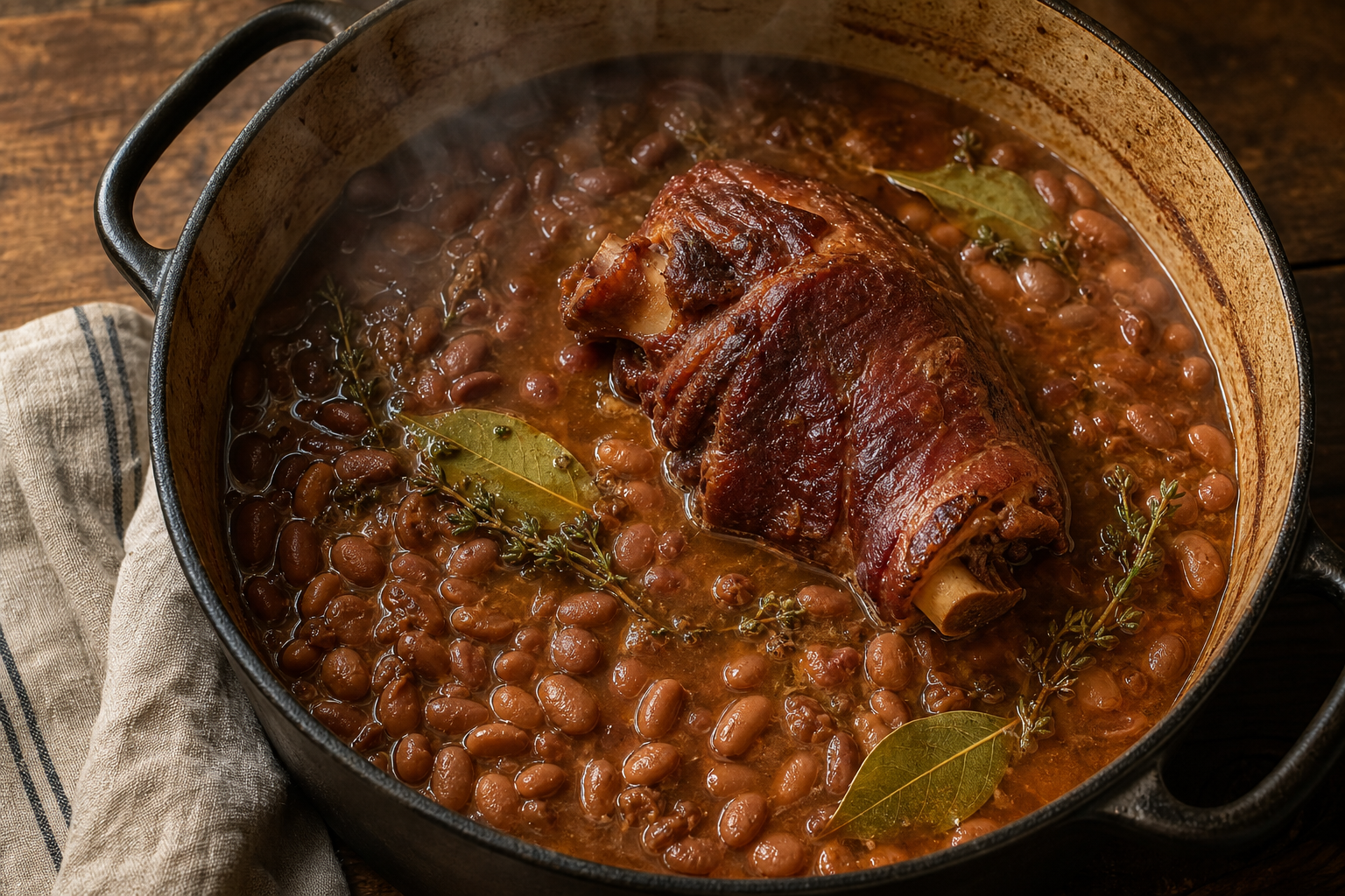 Smoked Ham Hocks for Cheap, Smoky Flavor in Beans and Greens 9 A cast iron Dutch oven filled with simmering beans and a smoked ham hock in dark broth