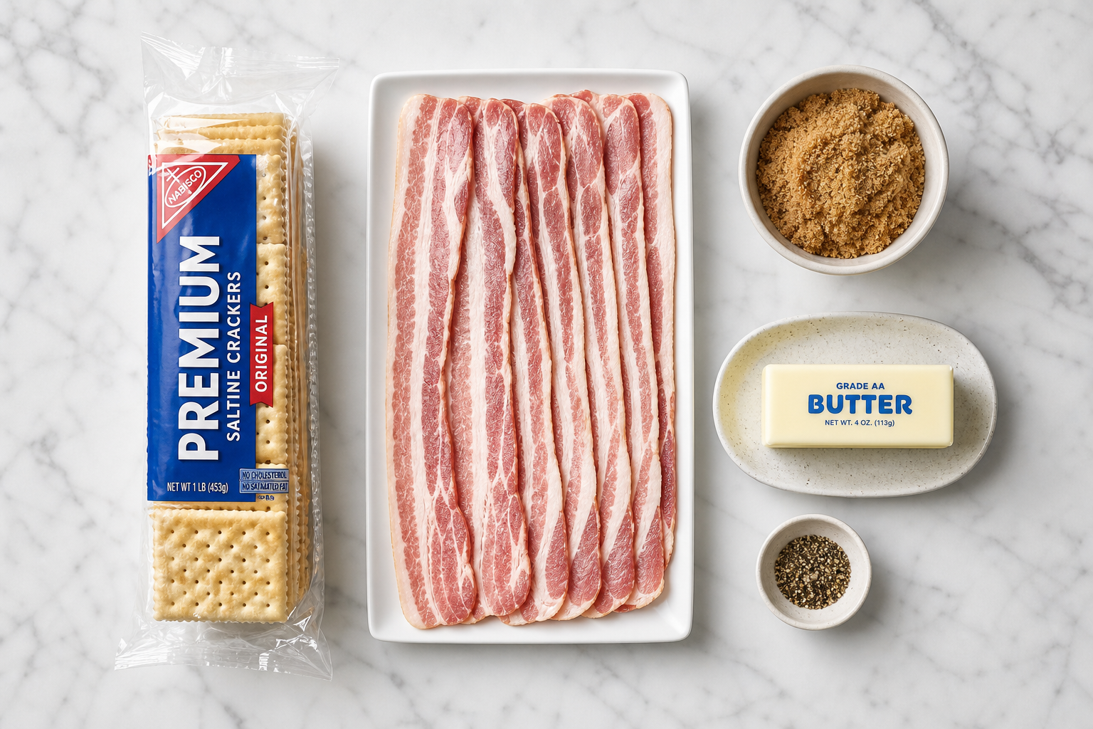 Billionaire Bacon Crackers: A Cheap Sweet-Savory Snack 10 Flat lay of ingredients for bacon crackers including crackers, bacon, brown sugar, and butter