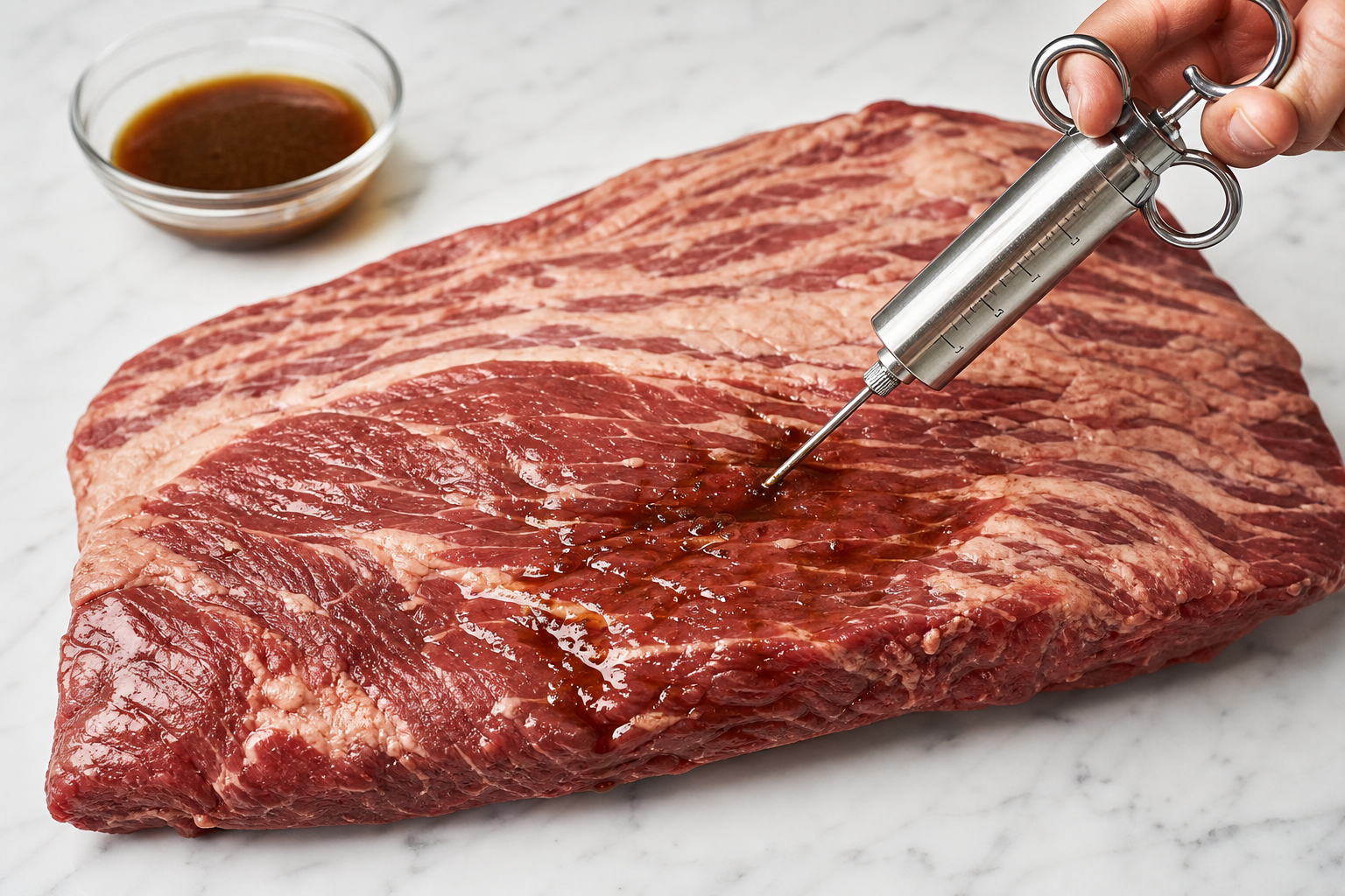 Meat injector syringe being used to inject marinade into a raw brisket