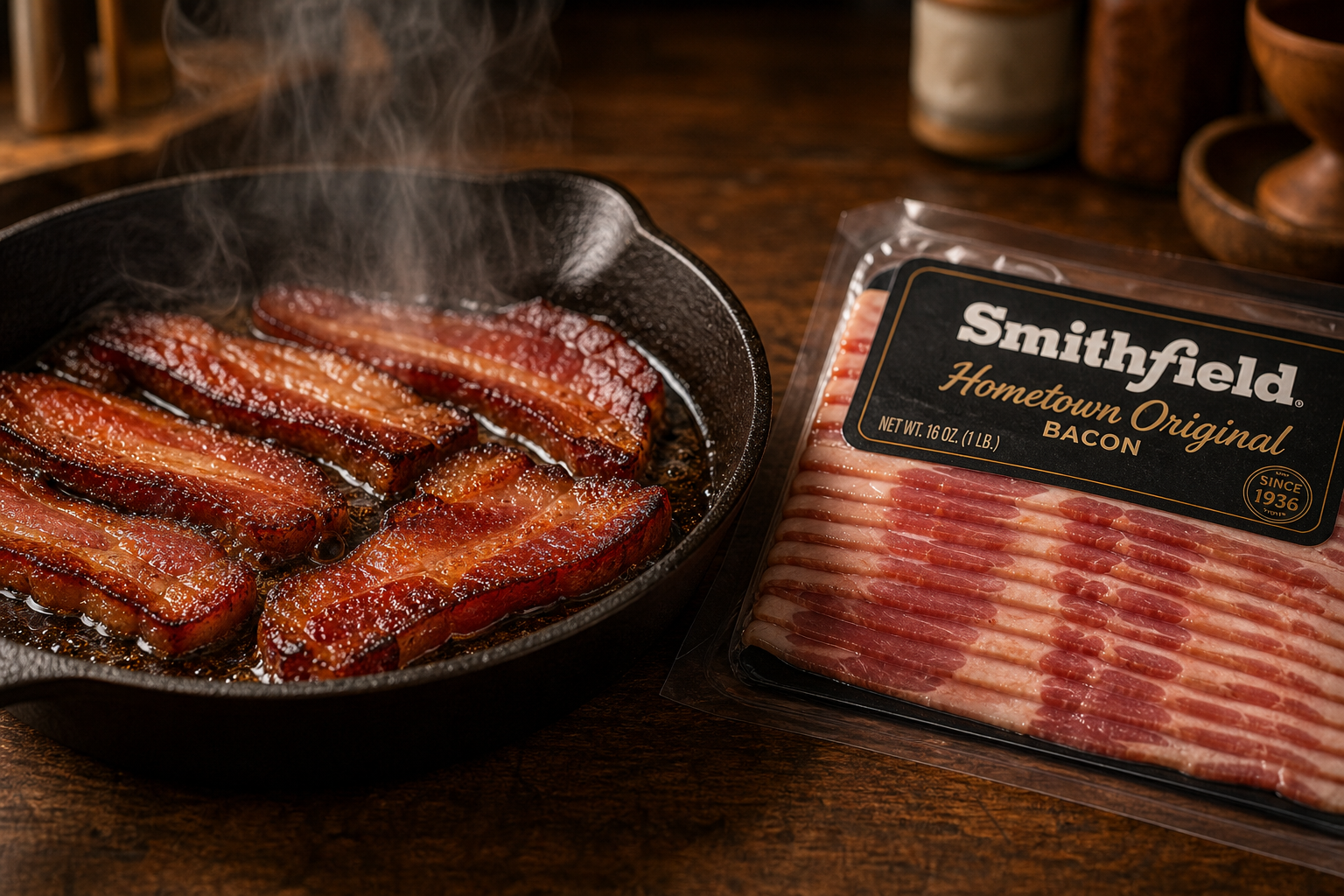 Homemade beef bacon cooking in a cast iron pan next to a store-bought bacon package