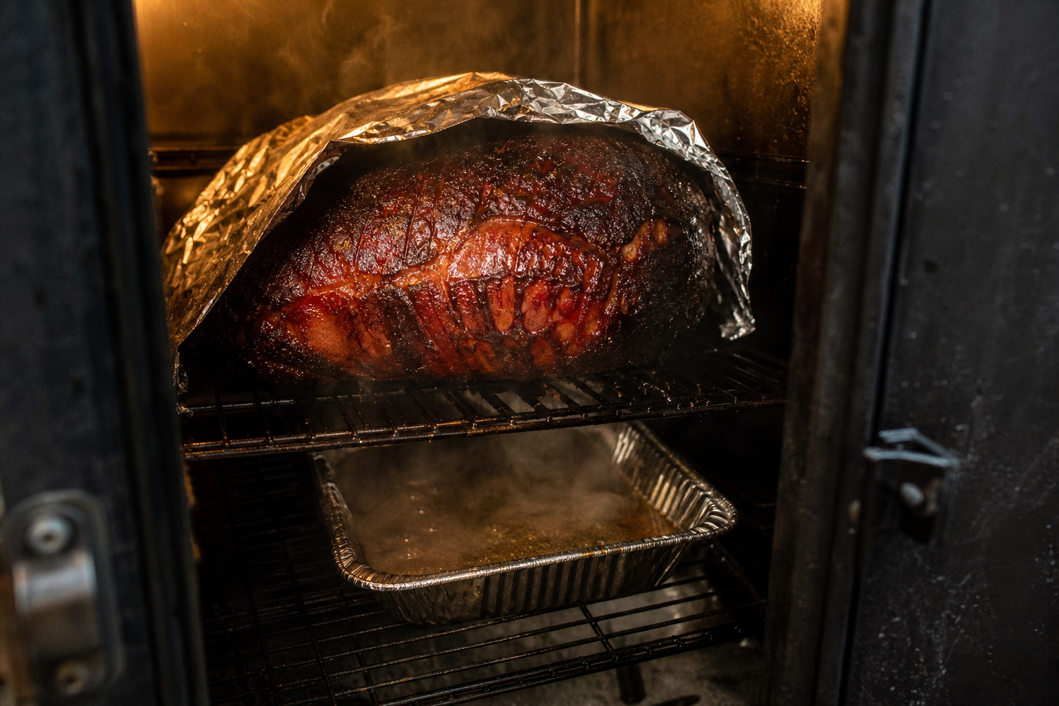 How to Double-Smoke a Pre-Cooked Ham or Roast for More Flavor 14 Smoked ham tented in foil inside a smoker with a pan of liquid below creating steam