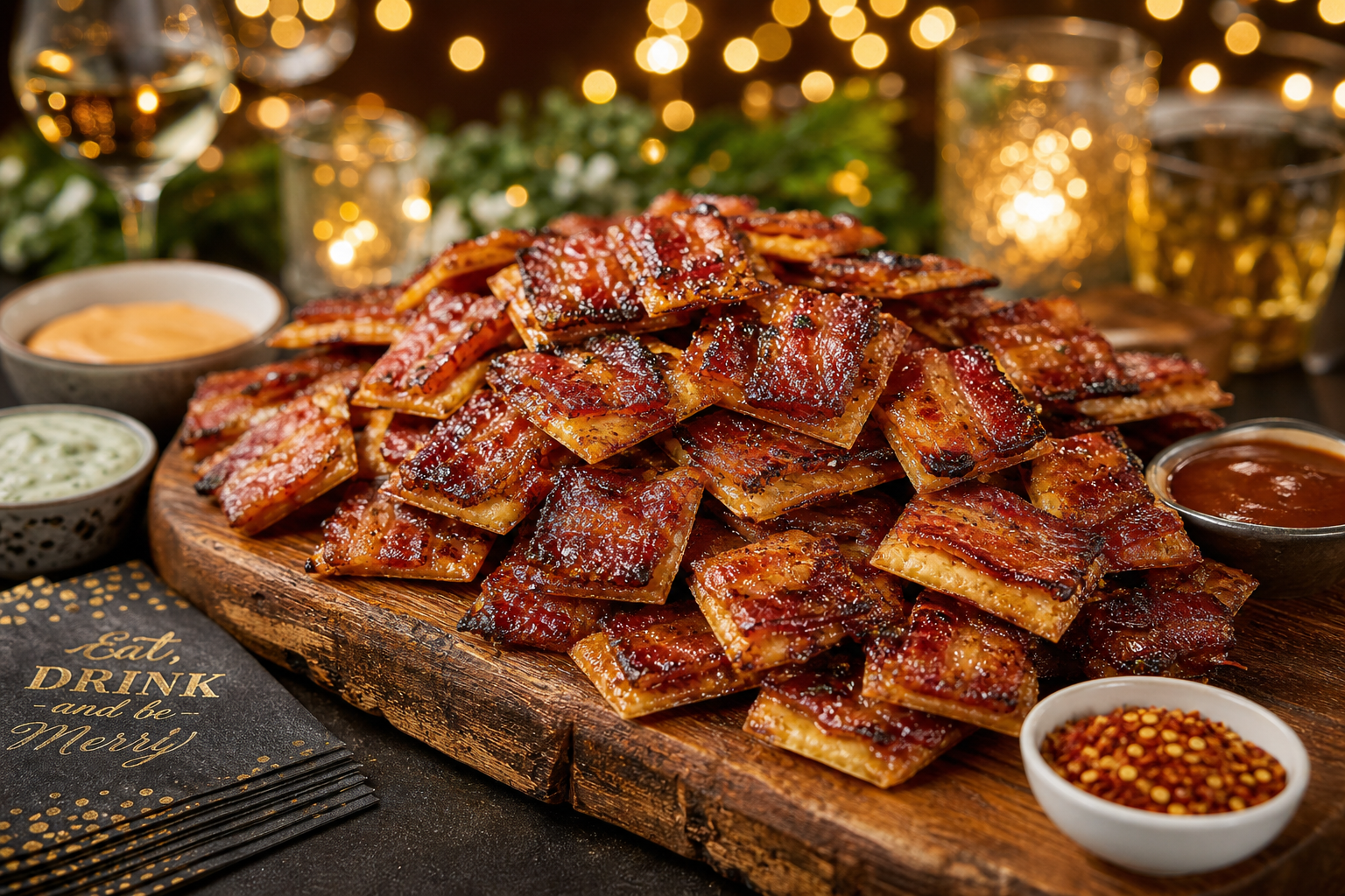 Billionaire Bacon Crackers: A Cheap Sweet-Savory Snack 14 Large party platter piled high with glazed bacon crackers surrounded by dipping sauces