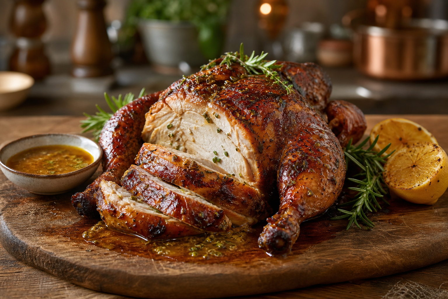 Chicken Injection for Juicy, Flavorful Smoked Birds 13 Sliced smoked whole chicken on a rustic board showing juicy meat with crispy amber skin