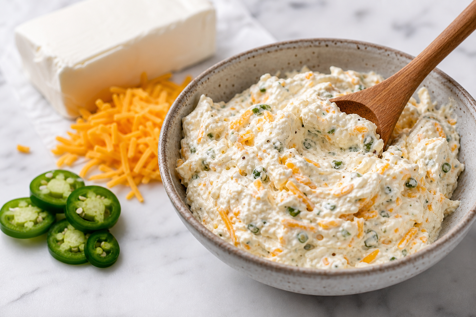 A bowl of cream cheese and cheddar filling with jalapeño bits being stirred with a wooden spoon