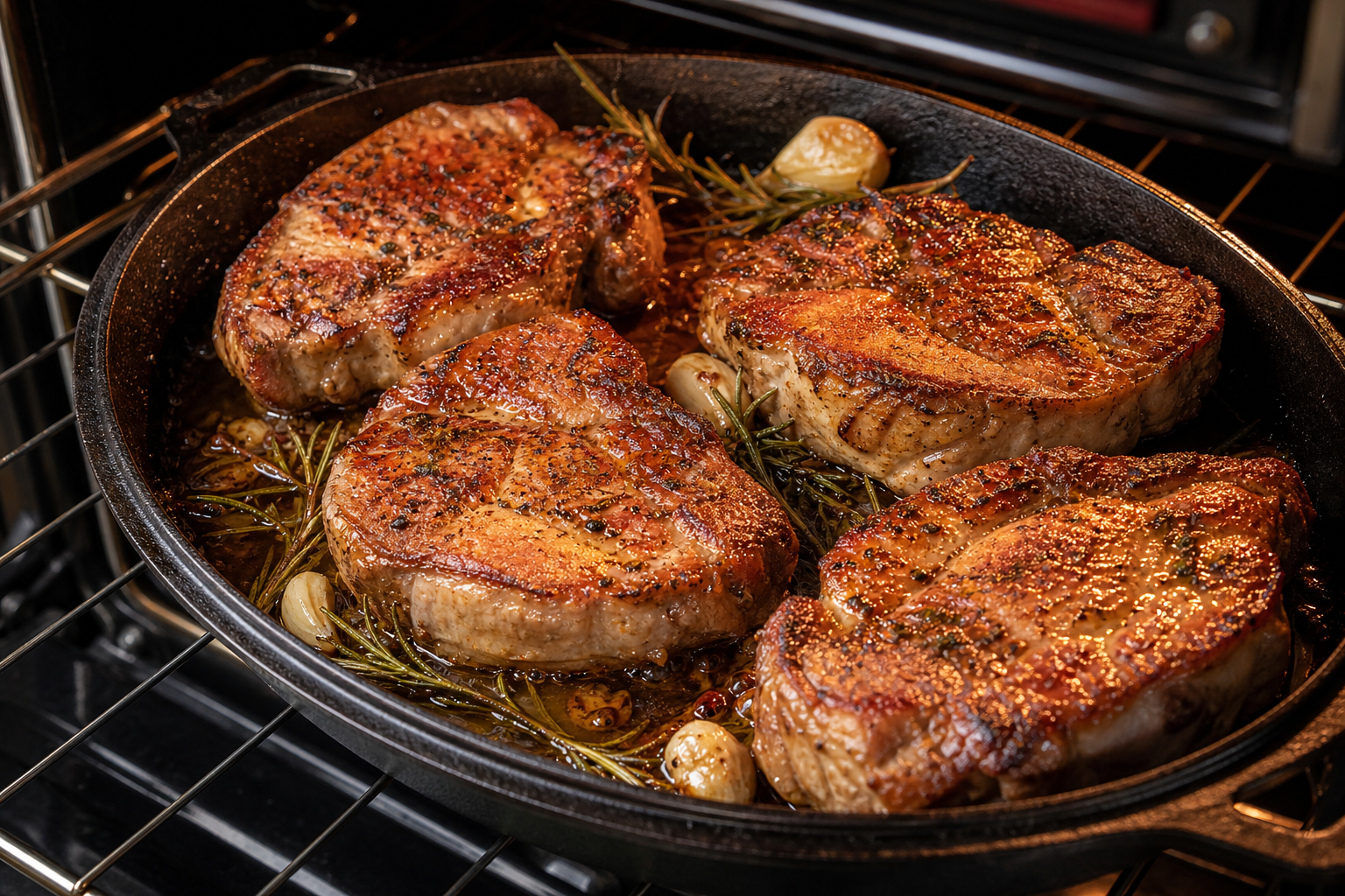 How to Cook a Pork Steak So It's Tender, Not Tough 9 Pork shoulder steaks cooking low and slow in a cast iron roasting pan inside an oven