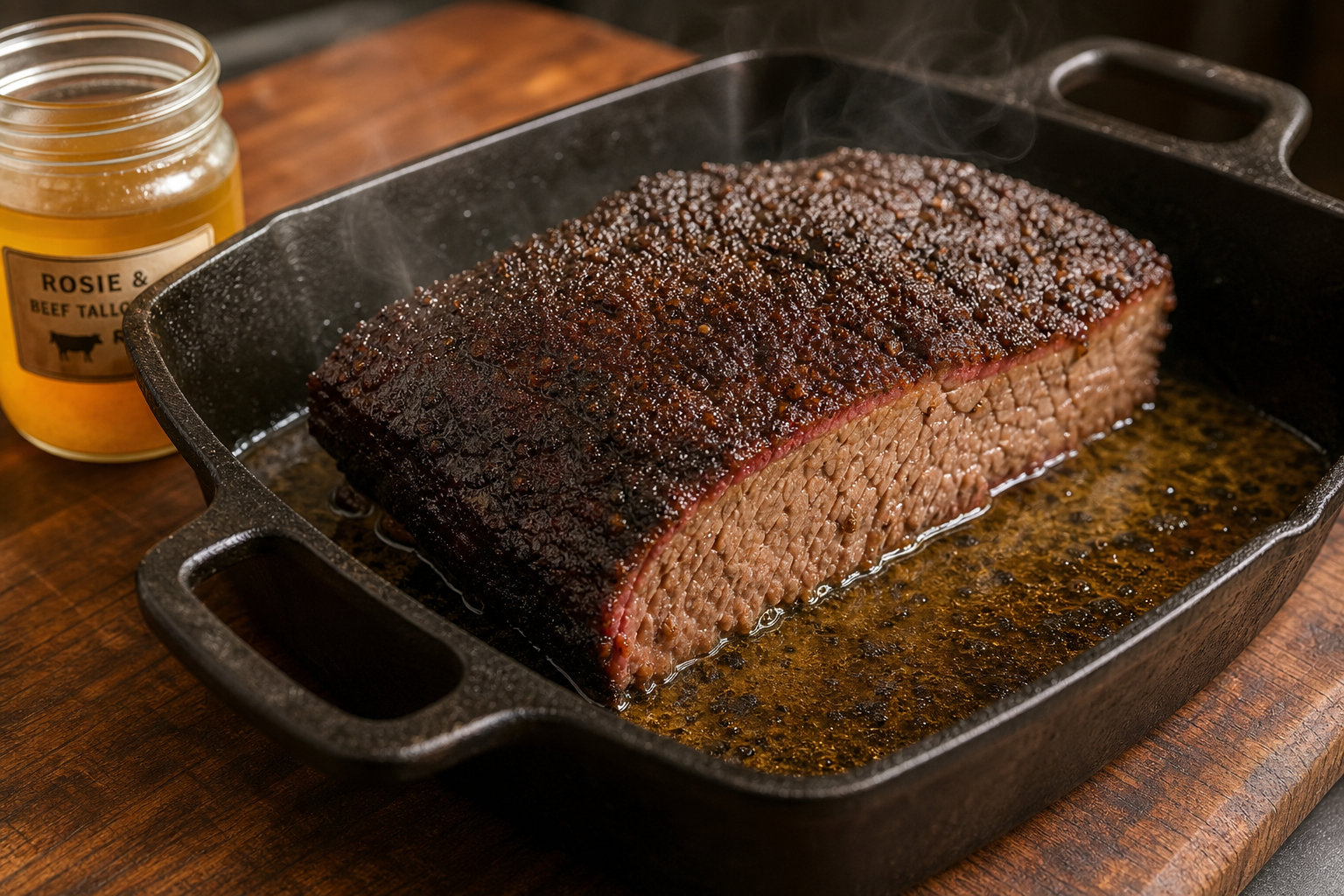 Sliced brisket reheating in a roasting pan with melted tallow