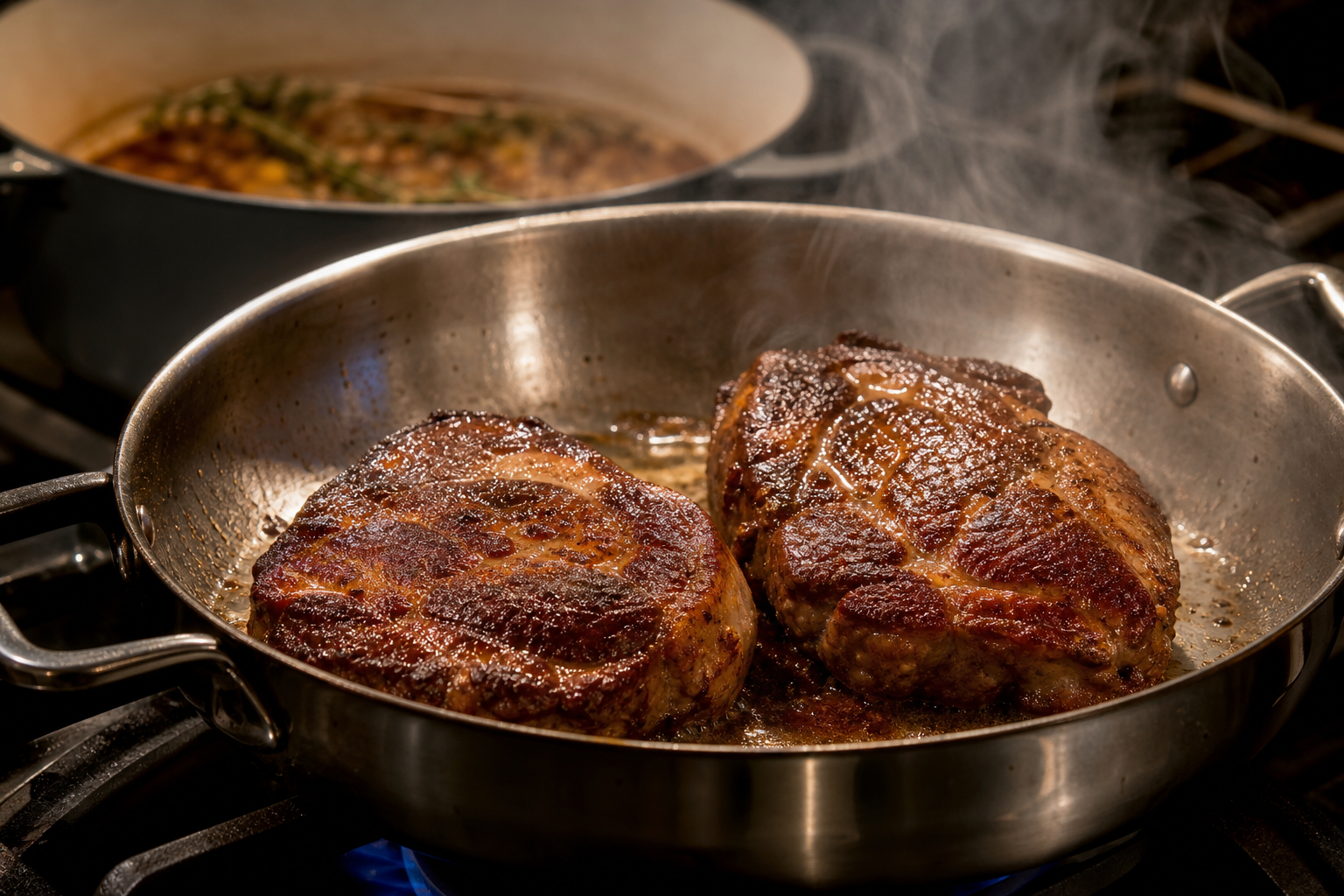 How to Cook a Pork Steak So It's Tender, Not Tough 11 Pork shoulder steak being seared in a hot skillet after braising, with golden-brown crust forming