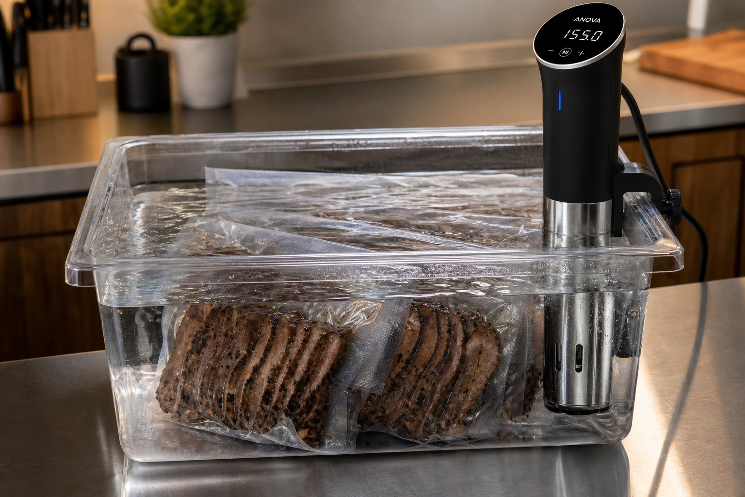 Vacuum-sealed brisket bags submerged in a sous vide water bath