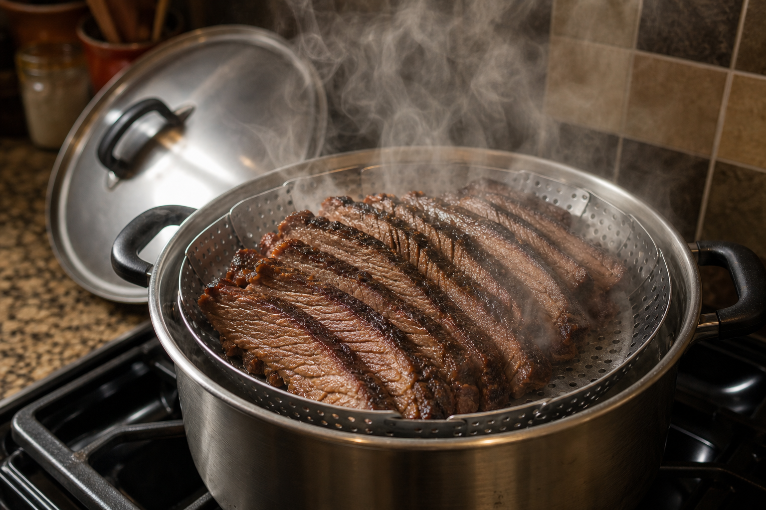 Brisket slices resting on a steamer basket with steam rising around them