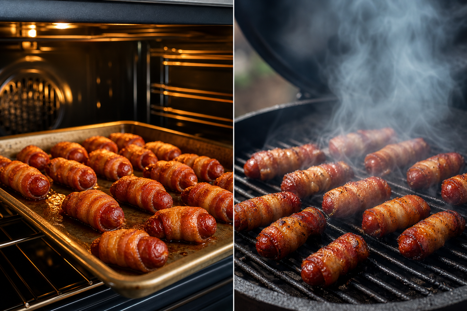Side-by-side comparison of bacon-wrapped smokies cooked in an oven versus a smoker