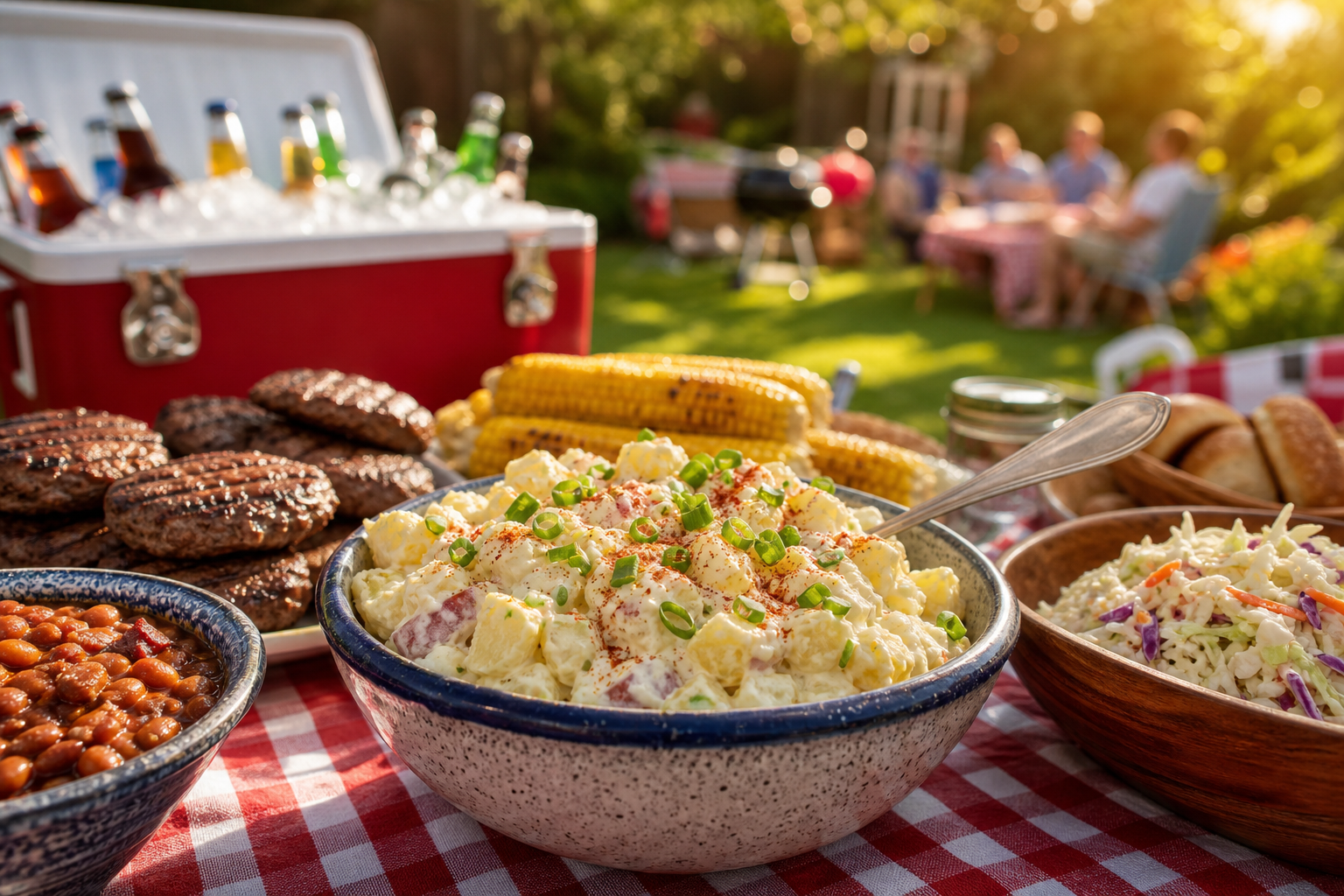 Outdoor cookout table spread with potato salad and classic summer BBQ dishes