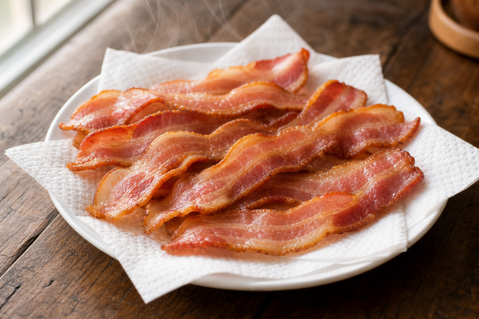 Partially pre-cooked bacon strips resting on paper towels before being wrapped around snacks