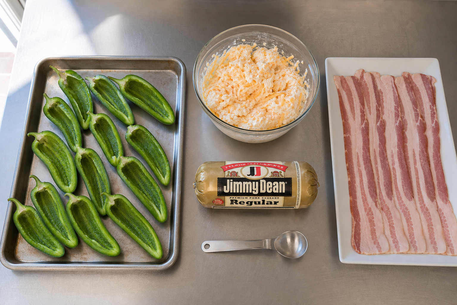Jalapeños being prepped and filled with cream cheese and sausage before smoking