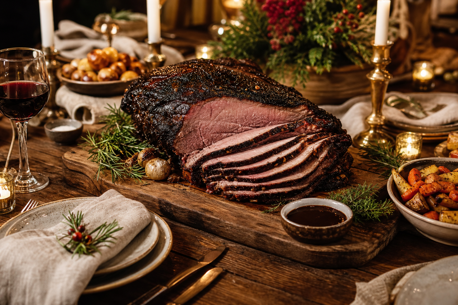 Partially sliced smoked holiday roast on a wooden carving board as a festive table centerpiece