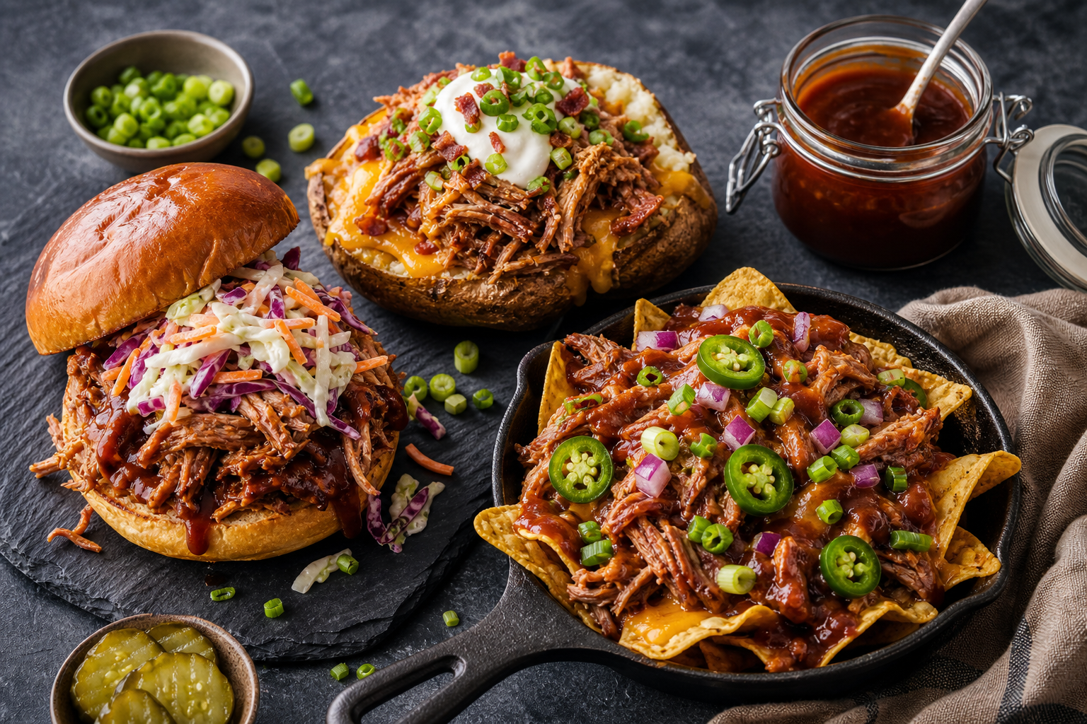 How to Use Up Smoked Meat Leftovers Instead of Wasting Them 11 Leftover pulled pork transformed into a sandwich, loaded baked potato, and nachos displayed on a dark slate surface