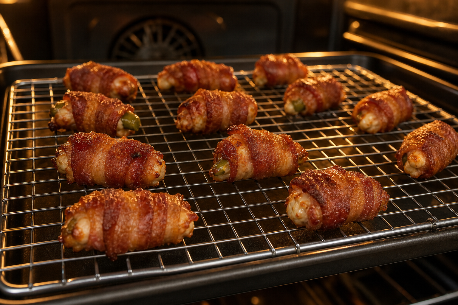 Bacon-wrapped snacks elevated on a wire rack inside a baking pan to allow air circulation