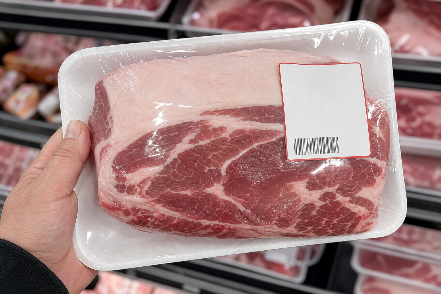 How to Choose a Pork Shoulder for the Best Pulled Pork Value 12 Person examining the label on a plastic-wrapped pork shoulder package in a grocery store meat department