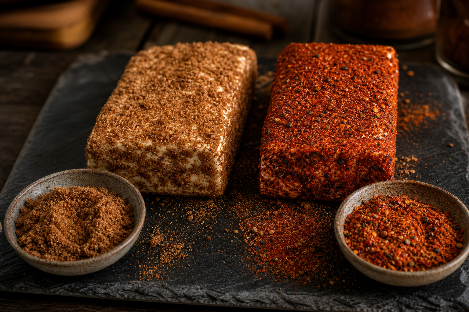 Two cream cheese blocks coated in different spice rubs, one sweet and one savory, displayed on a dark slate board with bowls of each rub nearby