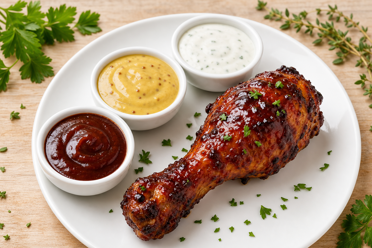 Smoked Chicken Drumsticks: A Cheap, Kid-Friendly Smoker Snack 13 Smoked chicken drumstick on a plate next to three dipping sauce bowls