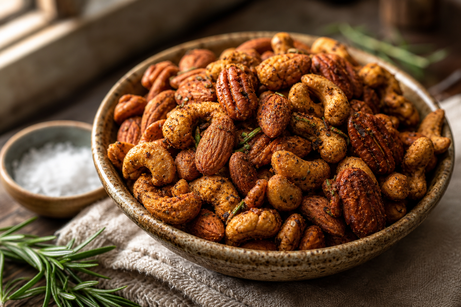 Smoked Nuts: A Cheap Snack From Leftover Smoker Heat 13 Rustic ceramic bowl filled with savory spice-coated smoked mixed nuts