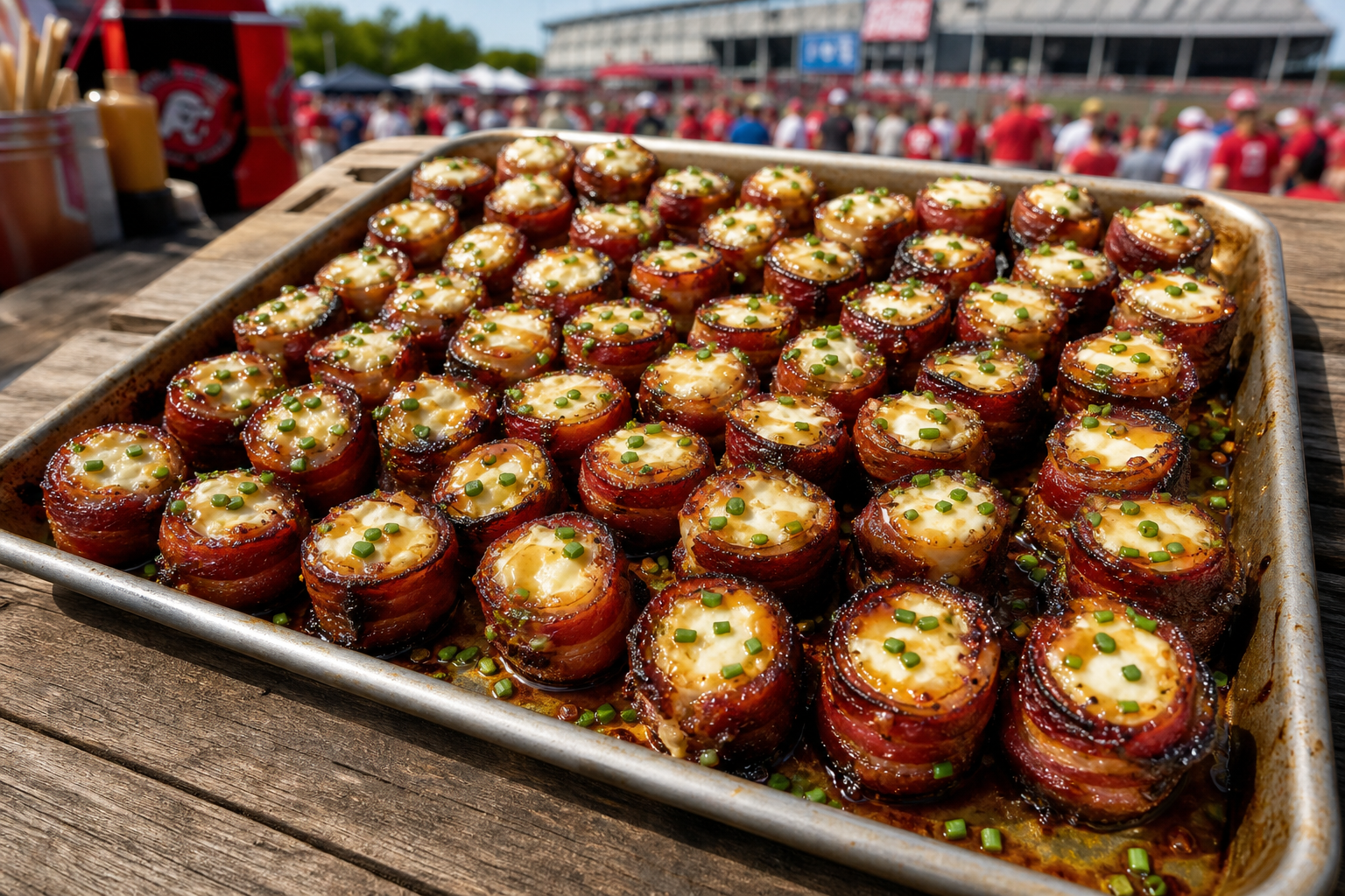 Smoked Pig Shots: The Ultimate Budget Tailgate Bite 13 Large serving tray filled with dozens of finished smoked pig shots at an outdoor tailgate