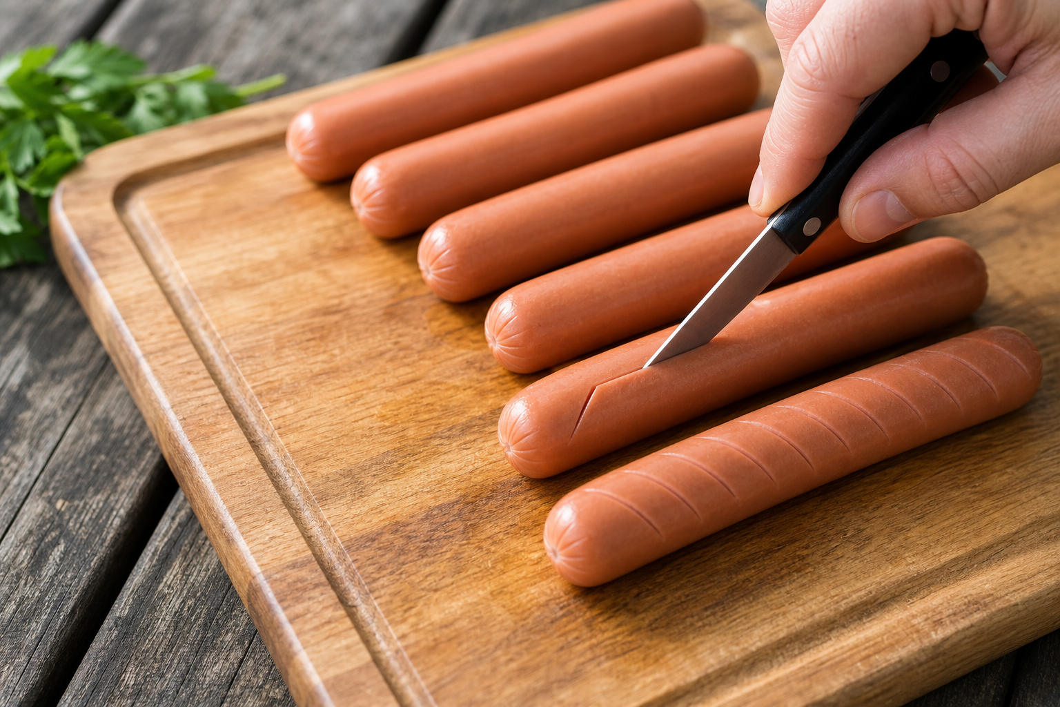How to Smoke Hot Dogs for a Cheap Backyard Cookout 9 Hand scoring diagonal cuts into a raw hot dog on a wooden cutting board with a paring knife