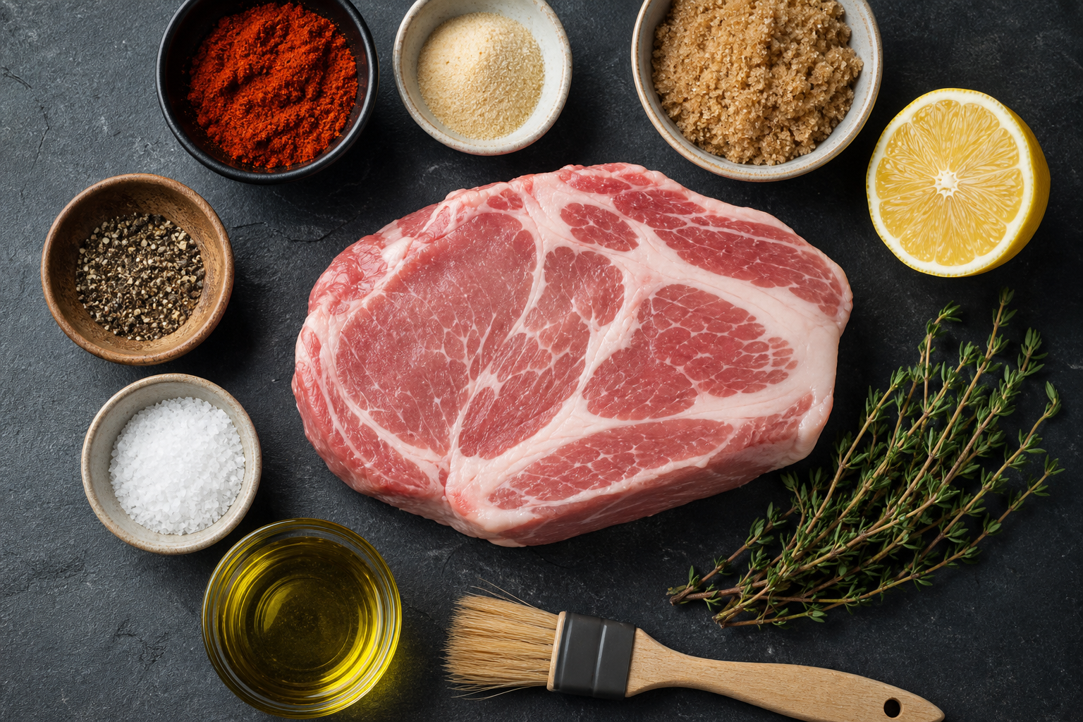 Overhead flat lay of pork steak surrounded by seasonings and marinade ingredients on dark slate