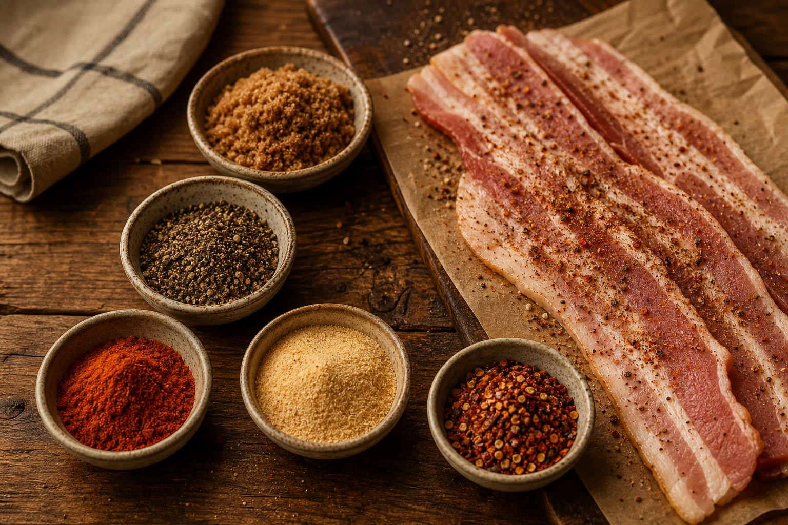 Assorted seasoning spices in small bowls arranged next to raw bacon strips on a wooden table