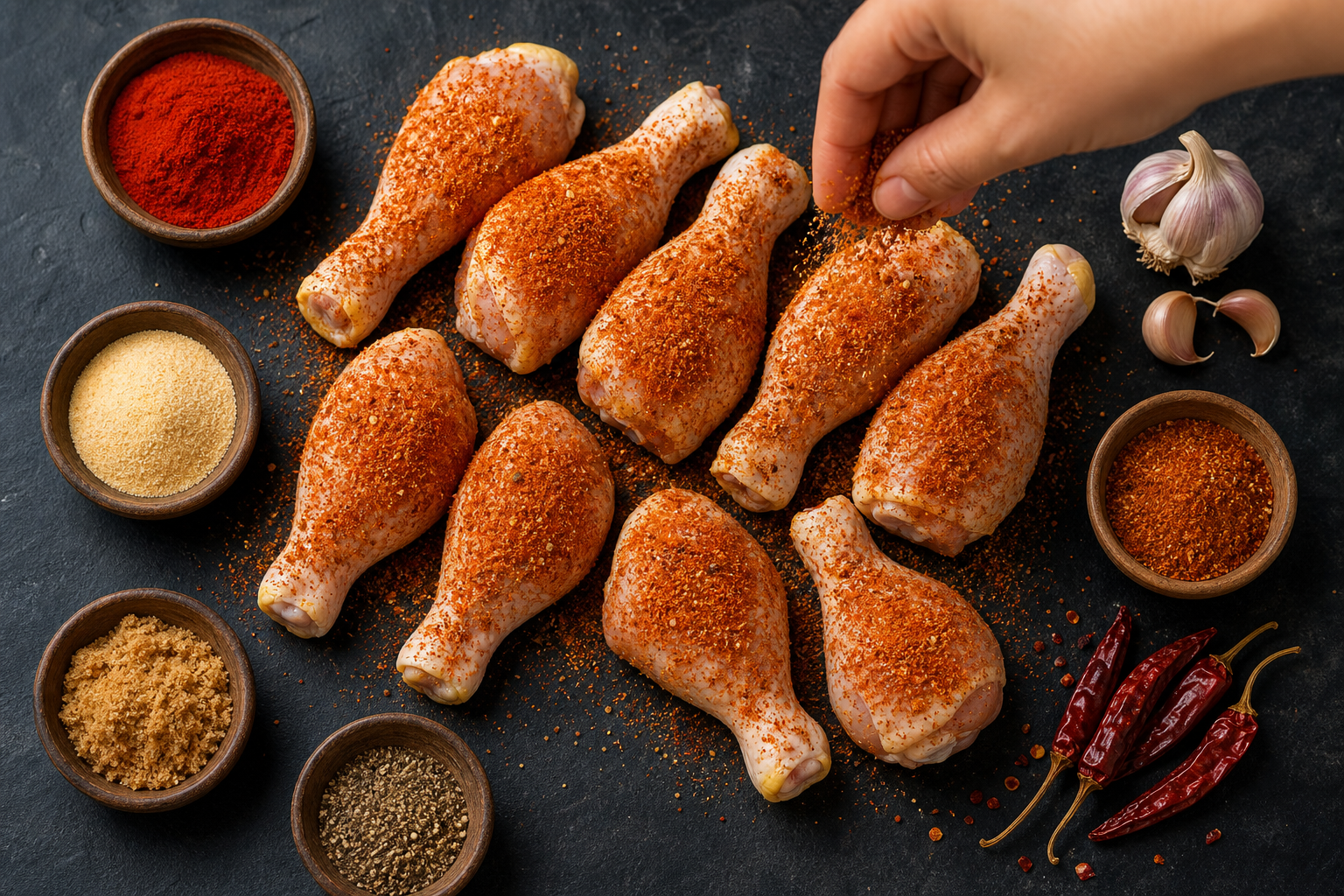 Smoked Chicken Drumsticks: A Cheap, Kid-Friendly Smoker Snack 9 Chicken drumsticks being seasoned with spices arranged in small bowls on a dark surface