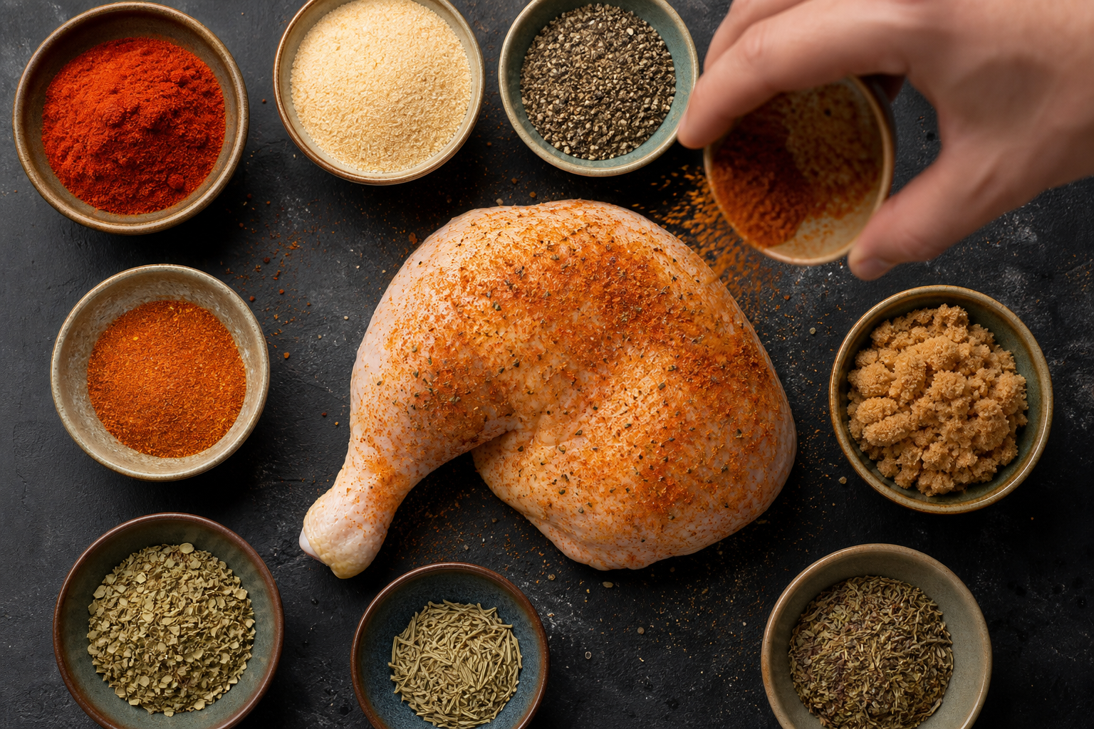 Assorted spices in small bowls surrounding a chicken leg quarter being seasoned