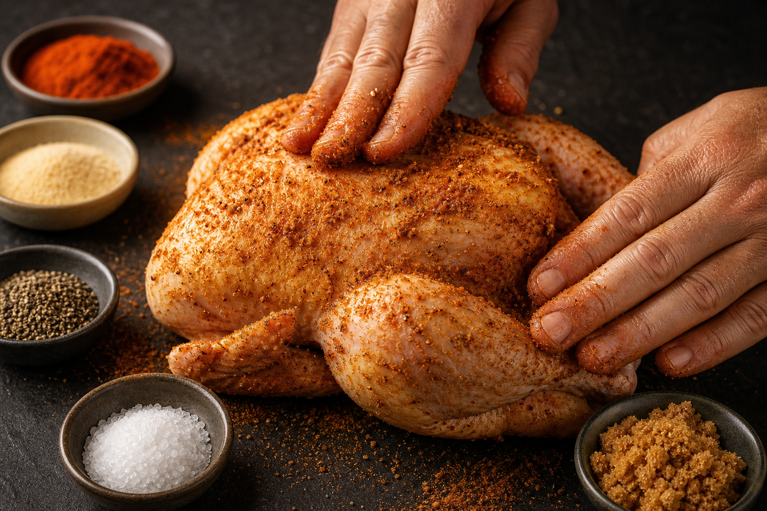 Hands rubbing dry spice seasoning onto a raw whole chicken surrounded by spice bowls