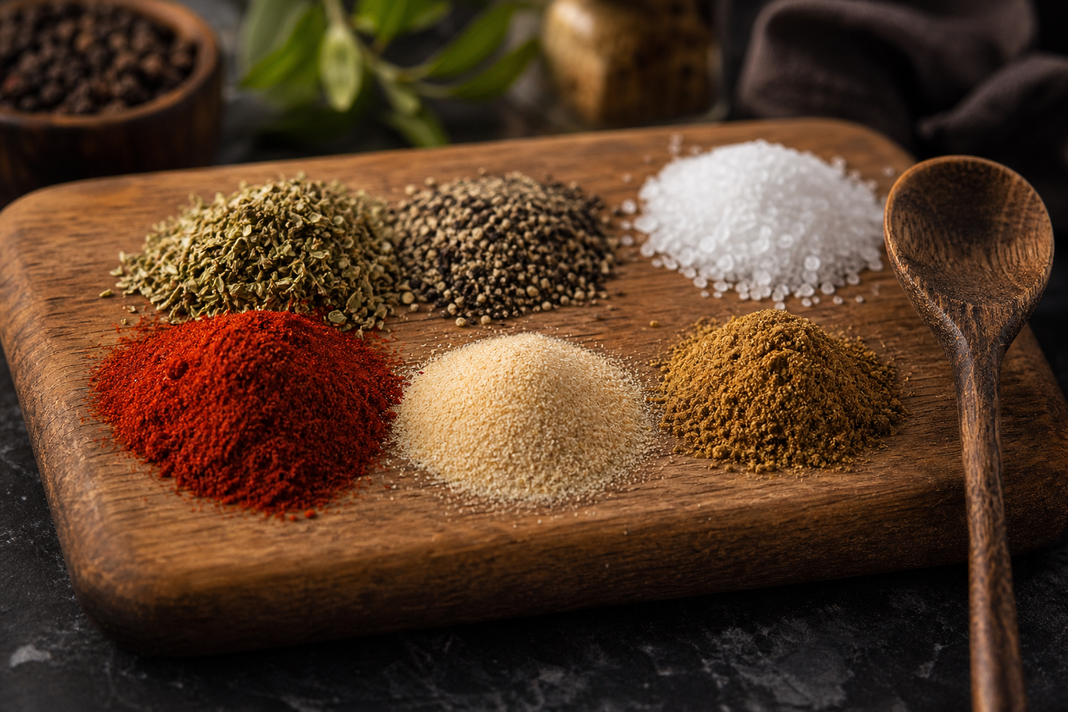 An assortment of colorful spices and dried herbs arranged on a wooden board for seasoning ground beef