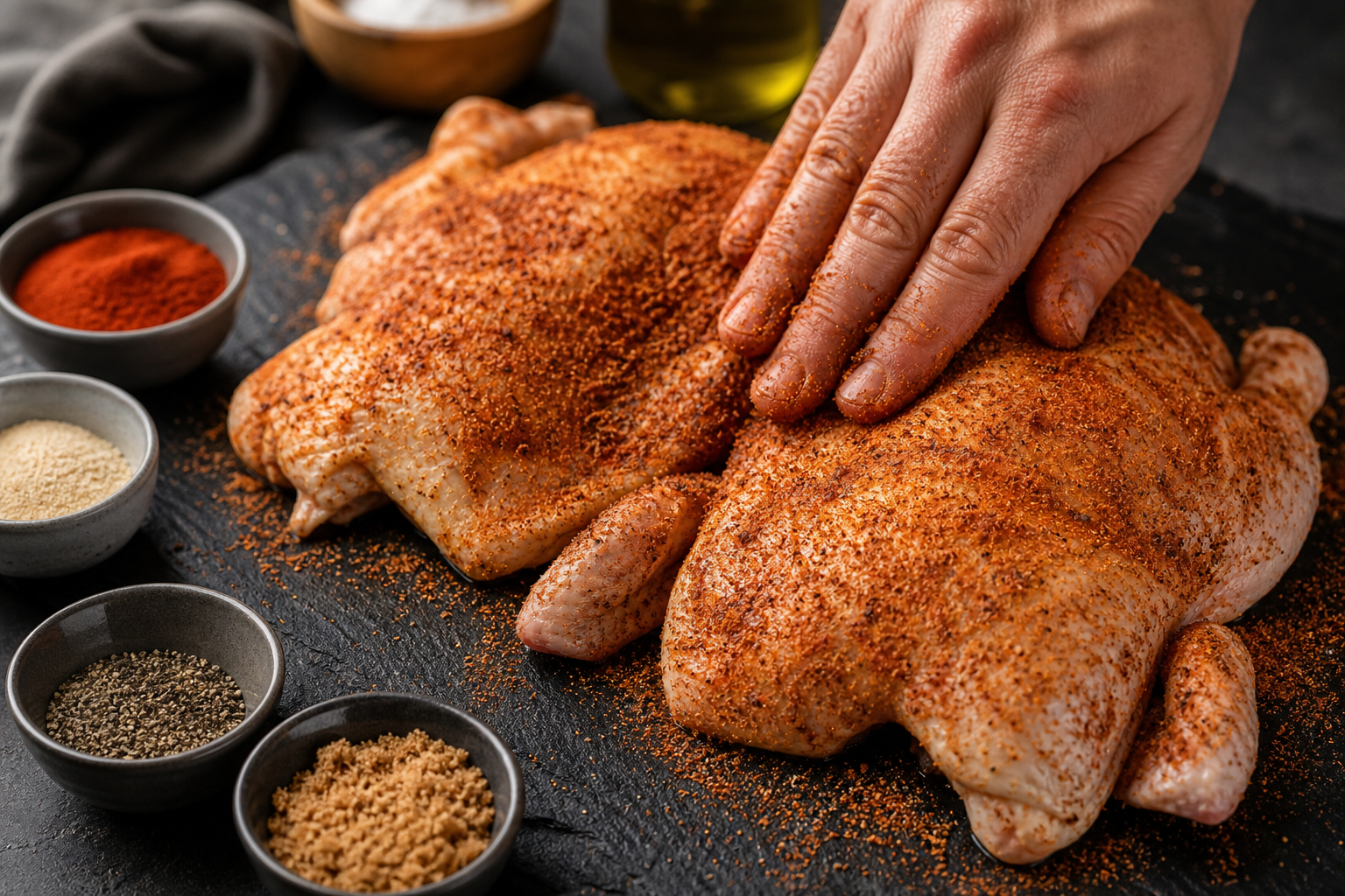 Smoked Chicken Halves: A Budget Way to Feed a Crowd 10 Raw chicken halves being coated with a dry spice rub surrounded by small bowls of colorful spices
