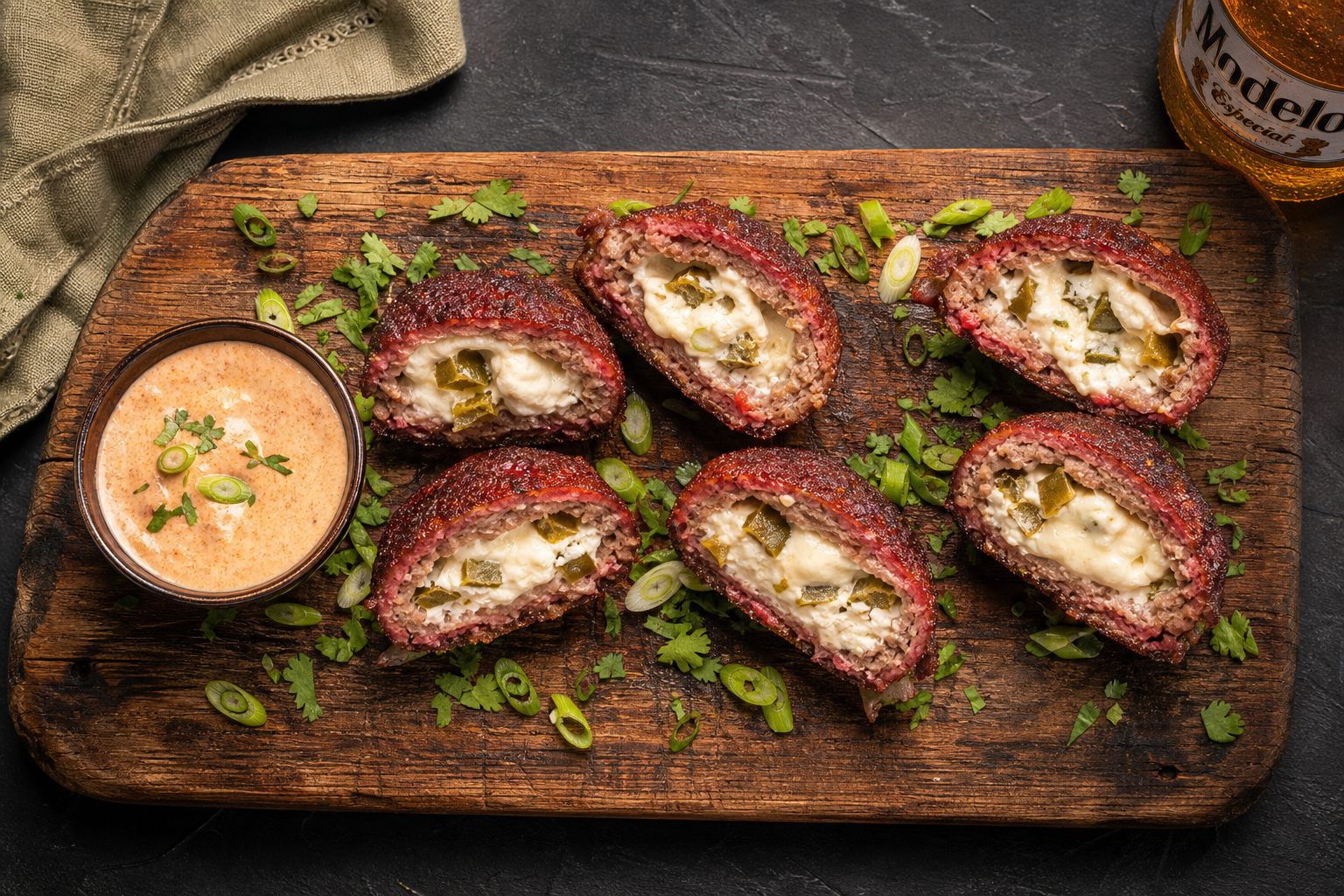 Sliced armadillo eggs on a wooden serving board revealing cream cheese filling inside with dipping sauce