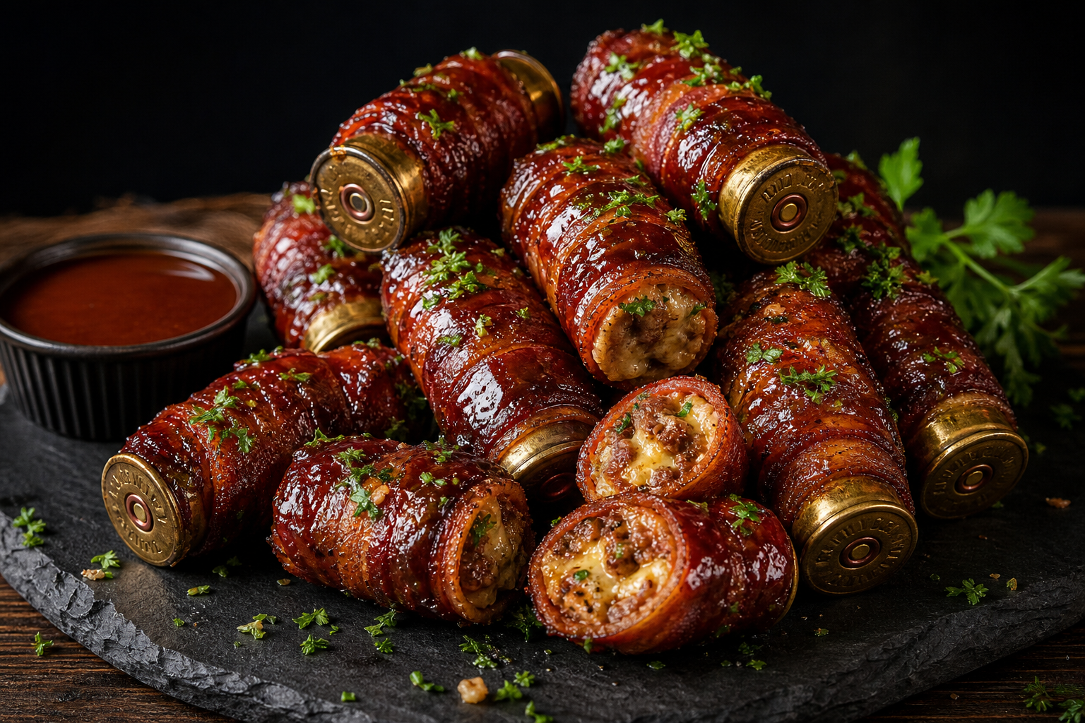 Smoked Shotgun Shells: A Cheap Crowd-Pleasing BBQ Snack 13 Finished smoked shotgun shells plated on a slate board with dipping sauce, some sliced open to show the filling