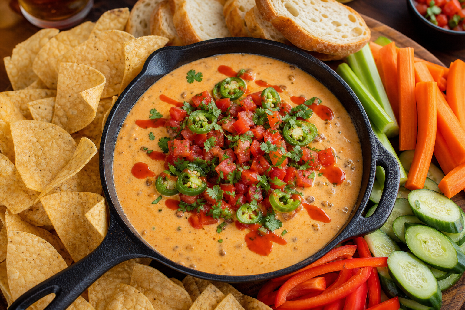Topped smoked queso dip in a cast iron skillet surrounded by chips and dippers