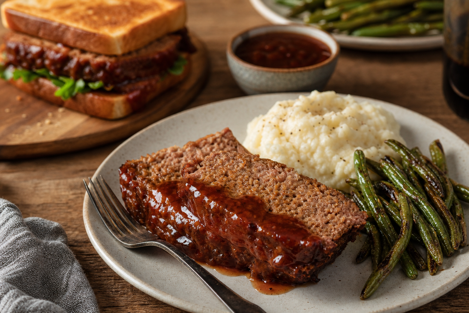 Smoked Meatloaf From Budget Ground Beef 15 Plated smoked meatloaf slices served with mashed potatoes and green beans with a leftover sandwich in the background