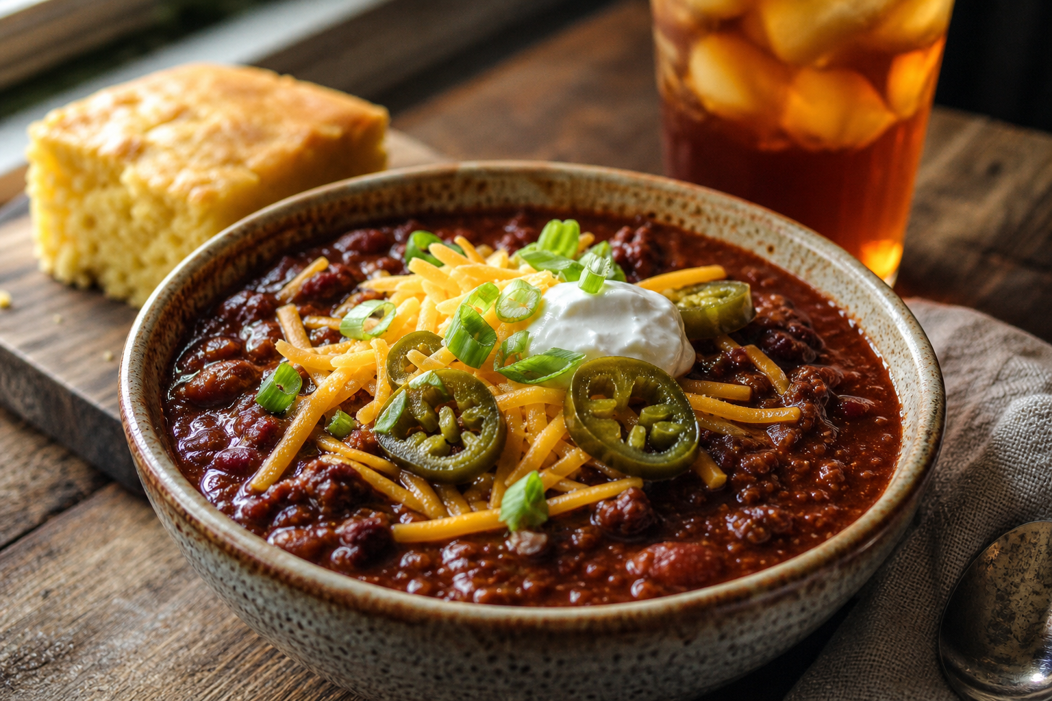 Smoked Over-the-Top Chili Using Cheap Ground Beef 14 Bowl of smoked chili topped with cheese, sour cream, and jalapeños served with cornbread on a rustic table