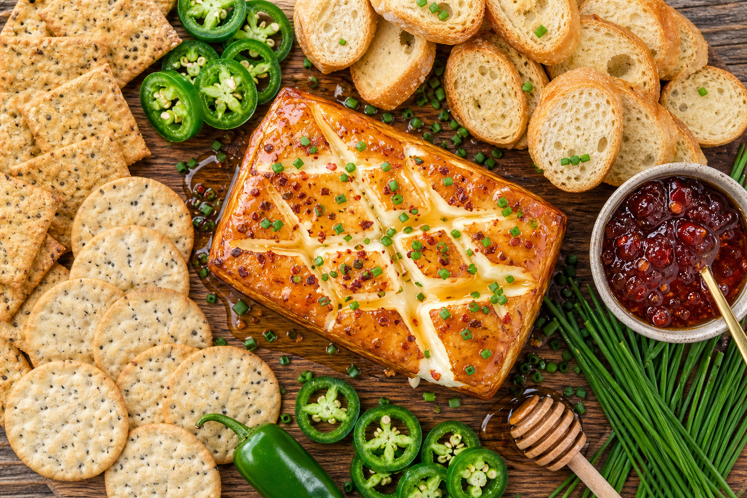 A smoked cream cheese block served on a wooden charcuterie board with crackers, jalapeños, honey, and pepper jelly
